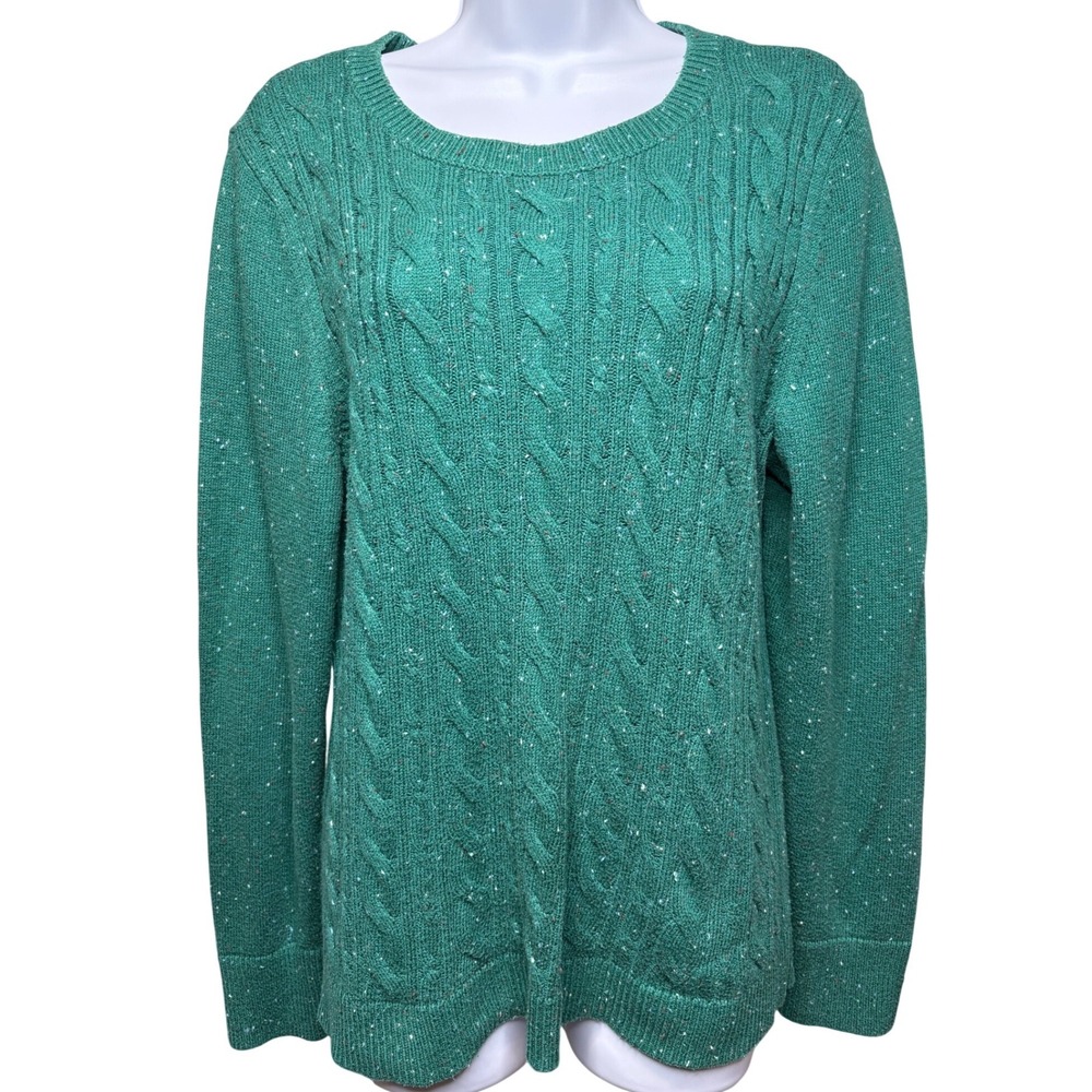TALBOTS Womens Green Speckled Cable Knit Sweater L Button Cuff Preppy Classic